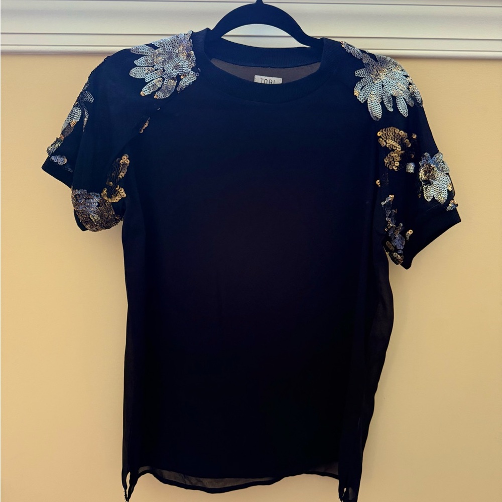 Tobi, Small, Semi Sheer Blouse with Embroidered Sequined Floral Sleeves